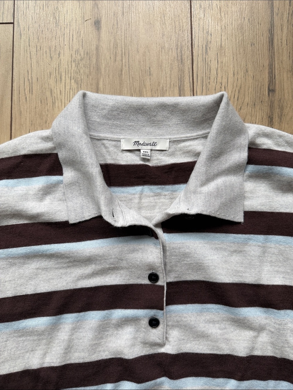 Madewell Long-Sleeve Merino Wool Polo Women’s 2XL Gray Blue Brown Stripped